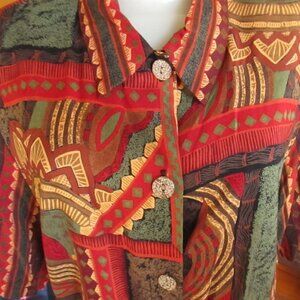Large Vintage Urban Wear Shirt Bold Geometric Print Red/Green/Gold 90s Rayon USA